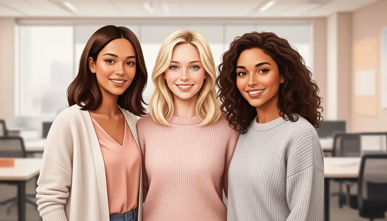 Three smiling women standing close together in an office setting.