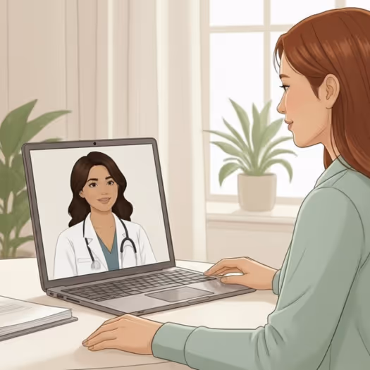 Woman having a video consultation with a female doctor on a laptop at a desk with plants in the background.