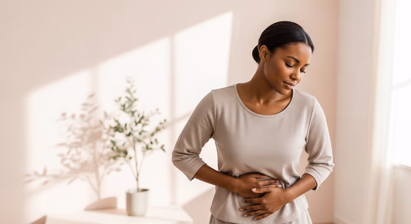 Woman holding her stomach and appearing to experience abdominal discomfort in a bright room.