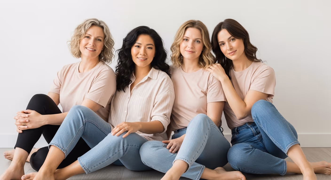 Four women sitting barefoot on the floor against a white wall, smiling and dressed in casual light tops and jeans.