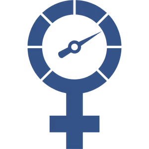 Blue female gender symbol with a speedometer gauge inside the circle.