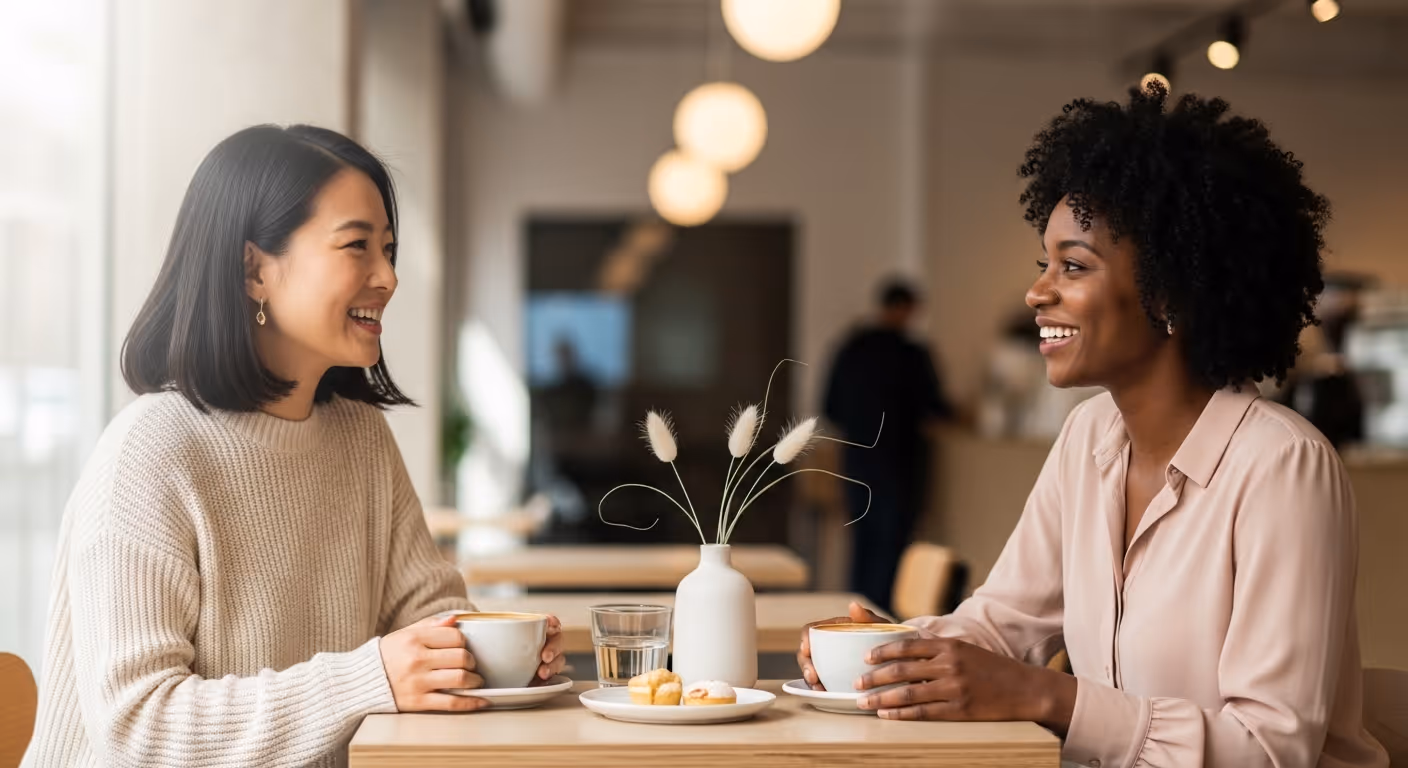 Two women smiling and enjoying coffee and pastries at a café table with a white vase centerpiece.