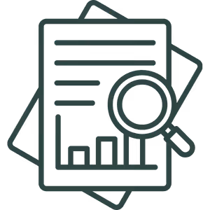 Icon of stacked documents with lines, a bar chart, and a magnifying glass.