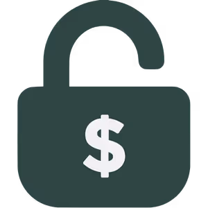 Open padlock icon with a dollar sign in the centre.