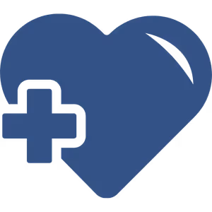 Blue heart icon with a medical cross symbol on the left side.