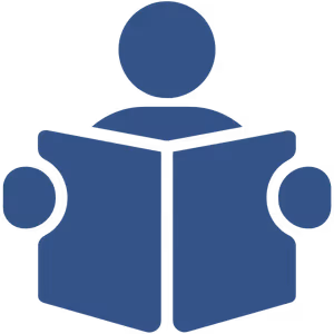 Blue icon of a person reading a book.