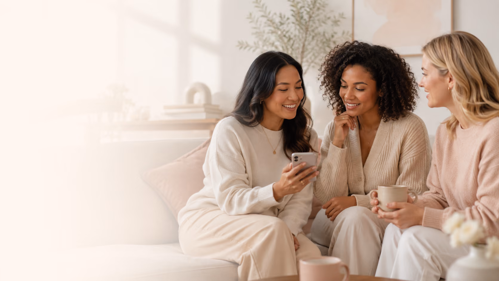 Three women sitting on a couch smiling and looking at a smartphone in a cozy living room.