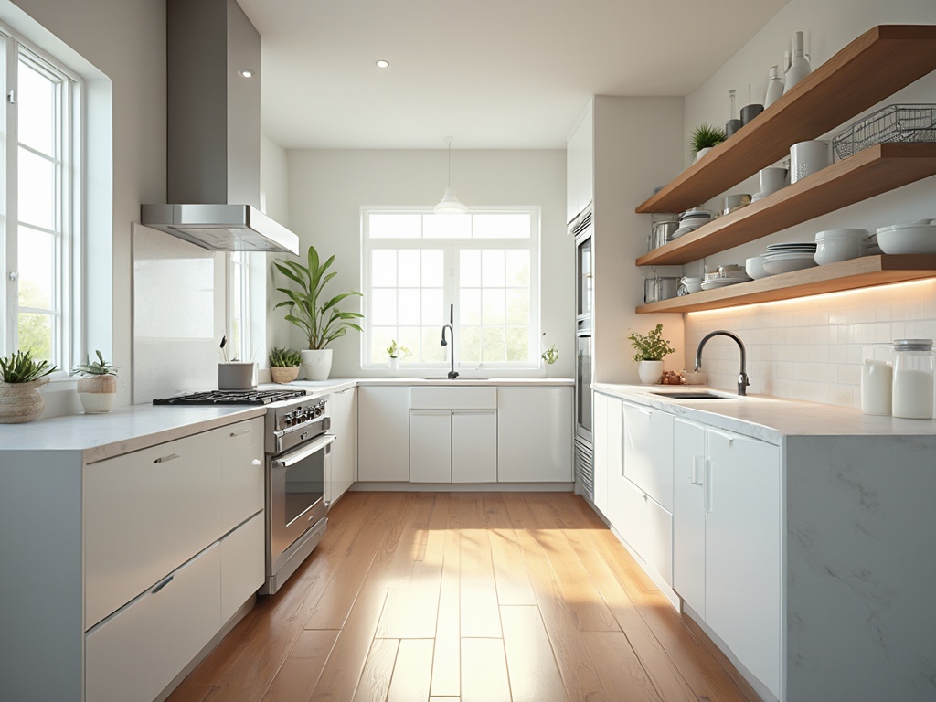 Bright and modern kitchen with stainless steel appliances, quartz countertops, open shelving, and gleaming hardwood floors, shot with a 24mm lens at f/2.8