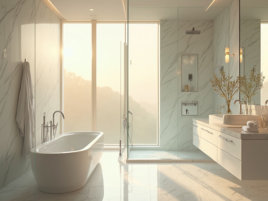 Elegant master bathroom with white soaking tub, marble tiles, glass shower enclosure, and chrome fixtures, bathed in golden hour light