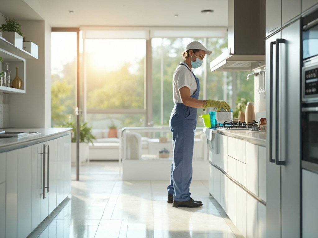 Professional cleaner in uniform meticulously wiping down surfaces in a modern, bright kitchen with sunlight highlighting pristine quartz countertops and stainless steel appliances