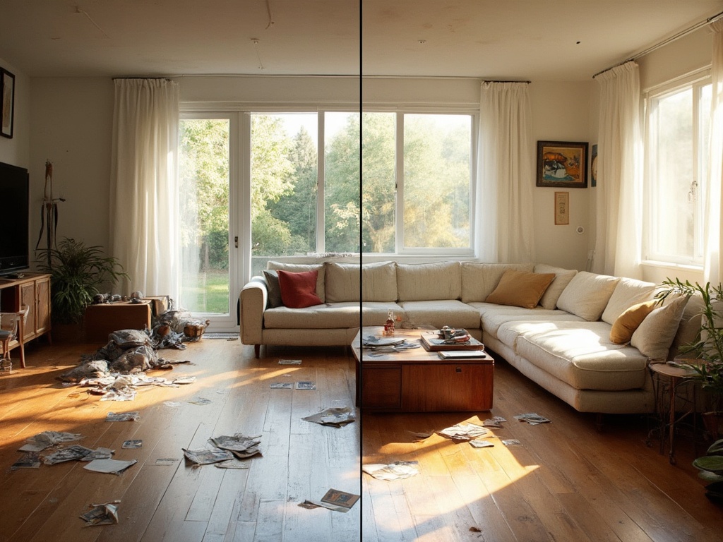 Luxurious living room's transformation from messy to spotless, showcasing scattered items on the left and an immaculate space with high-end furniture on the right.