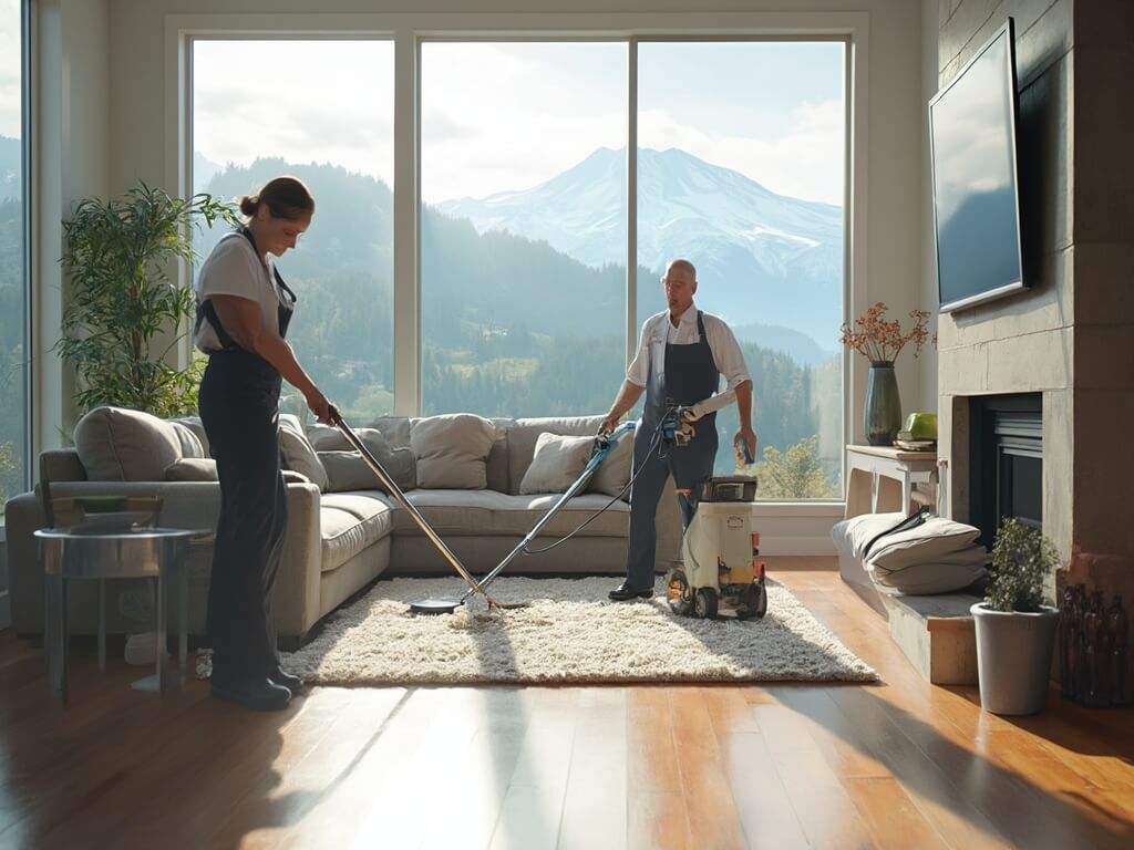 "Professional cleaners in uniforms tidying up a spotless living room in Puyallup, with Mount Rainier view through clean floor-to-ceiling windows and sunshine highlighting hardwood floors."
