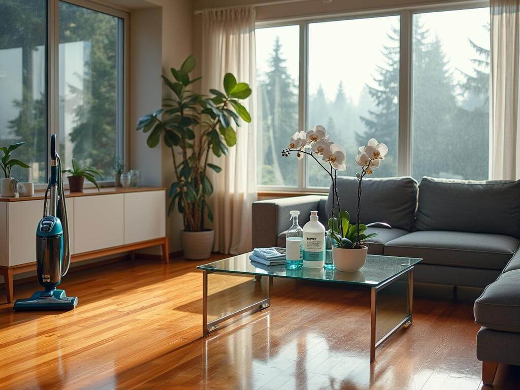 "Immaculate Pacific Northwest living room with hardwood floors, grey sectional, glass coffee table and eco-friendly cleaning supplies, capturing Tacoma views and evergreen trees."