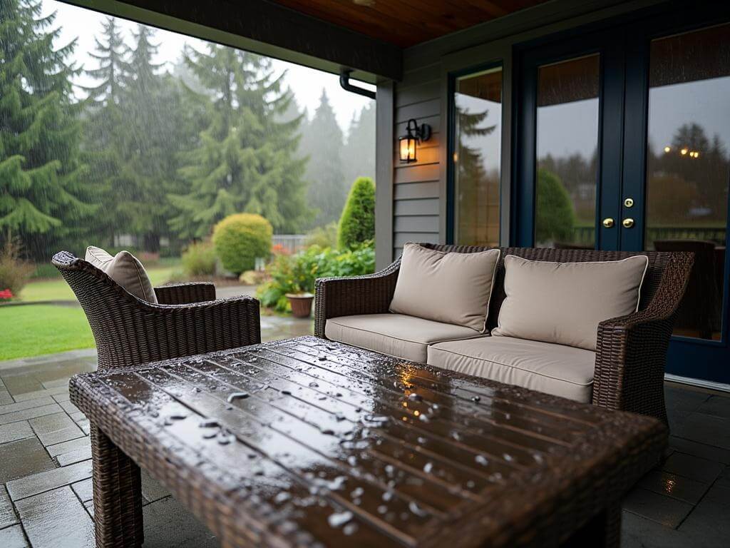 Freshly cleaned patio furniture on a damp stone patio in Bonney Lake after summer BBQ season. Raindrops on table, cedar trees and moss-green landscaping in background, under an overcast sky.