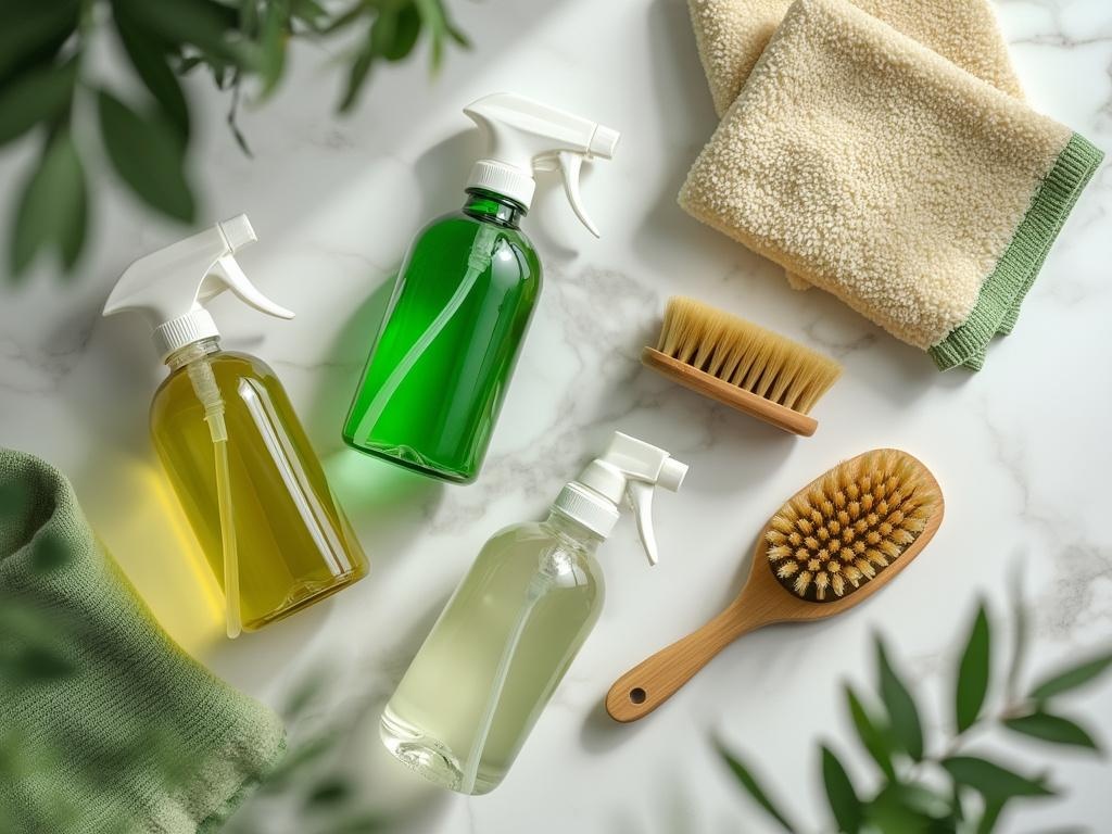 Eco-friendly cleaning supplies including glass spray bottles, bamboo brushes, and microfiber cloths arranged on a white marble surface, photographed under soft studio lighting.
