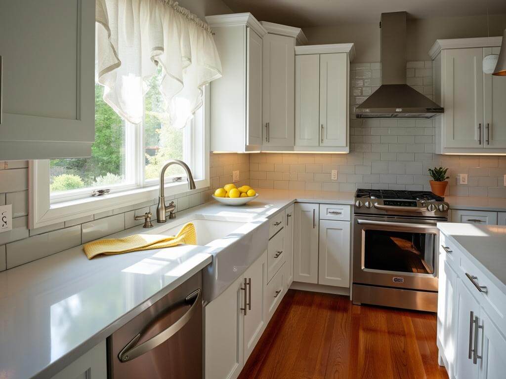 Spotless kitchen interior in a Bonney Lake home post deep-clean, highlighting gleaming countertops, clean appliances, and polished hardwood floors under natural afternoon sunlight.