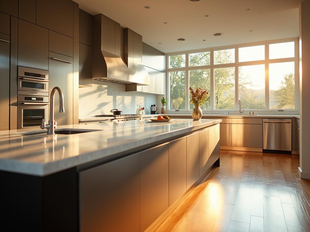 Modern, pristine kitchen interior with sunlight streaming through windows on quartz countertops and stainless steel appliances, shot at a 45-degree angle during golden hour.