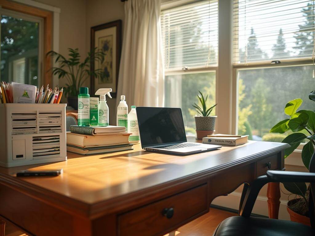 "Clean, sunlit home office with organized desk, professional cleaning supplies, hardwood floors and view of Pacific Northwest greenery."
