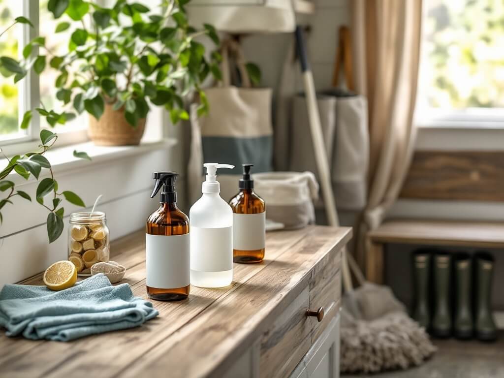 Eco-friendly cleaning supplies arranged on a wooden countertop in a farmhouse-style room, with muted colors and natural light enhancing the sustainable ambiance.