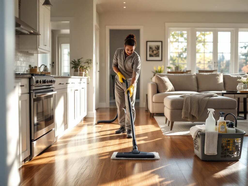 Professional cleaner vacuuming under a beige sofa in an immaculate suburban home interior in Orting, WA, with sparkly kitchen in the background, cleaning tools in the foreground, natural light streaming through triple-pane windows.