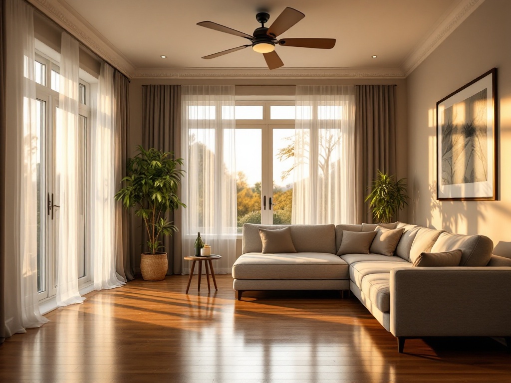 Spotless living room interior shot at golden hour with Sony A7R IV, featuring a plush sectional sofa, gleaming hardwood floors, dust-free ceiling fan, and sheer curtains.