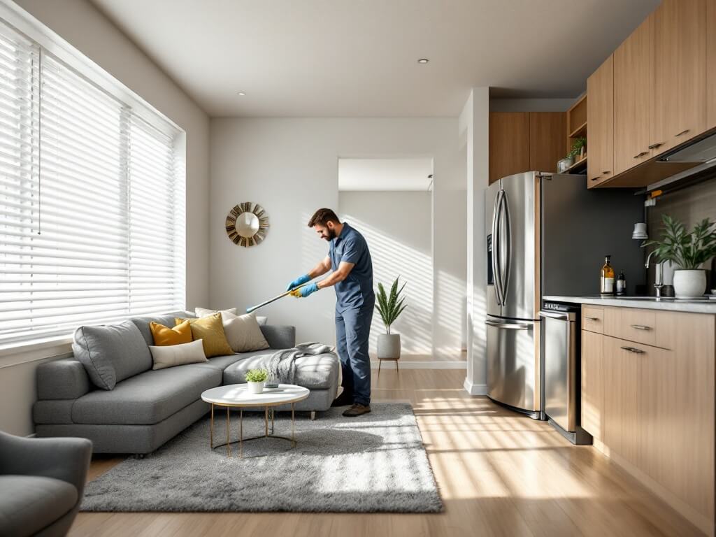 Professional deep cleaning session in a modern rental apartment in Kent, WA, showcasing a technician cleaning blinds, a clean, light-filled kitchen with stainless steel refrigerator, and a freshly shampooed gray carpet.