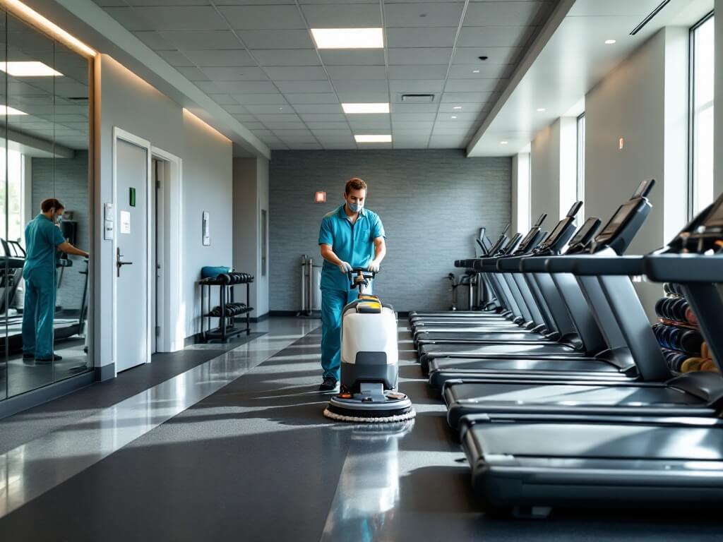 Janitor cleaning the gym area of a multi-tenant apartment building in Kent, WA, with commercial floor scrubber, surrounded by clean fitness equipment, under bright LED lights and natural sunlight.