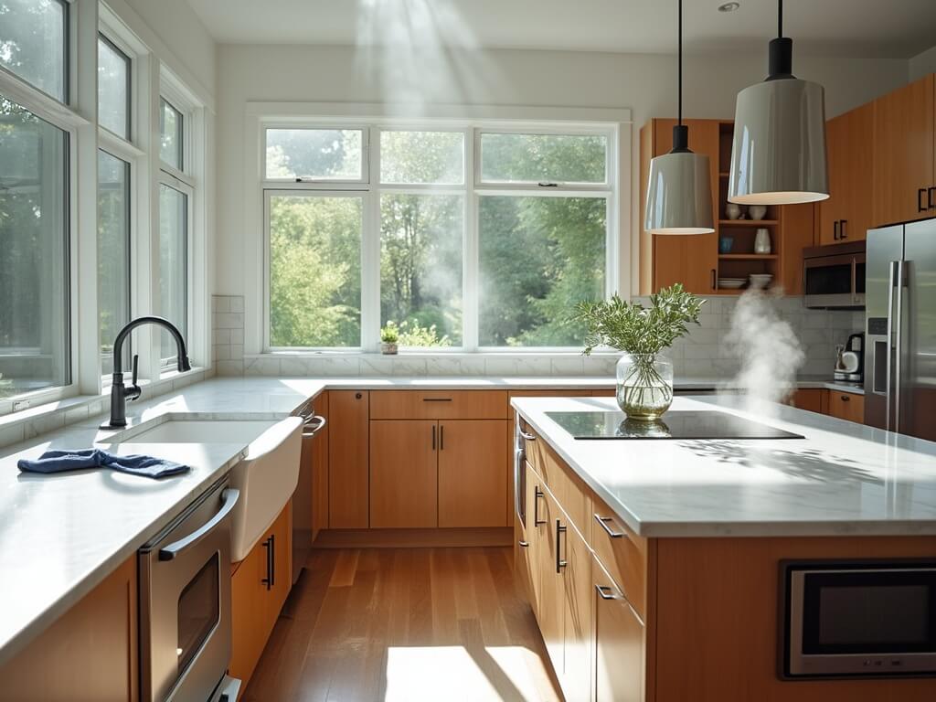 "Modern, pristine kitchen with quartz countertops, stainless steel appliances, hardwood floors and open maple cabinets, using eco-friendly cleaners in Puyallup, Washington."