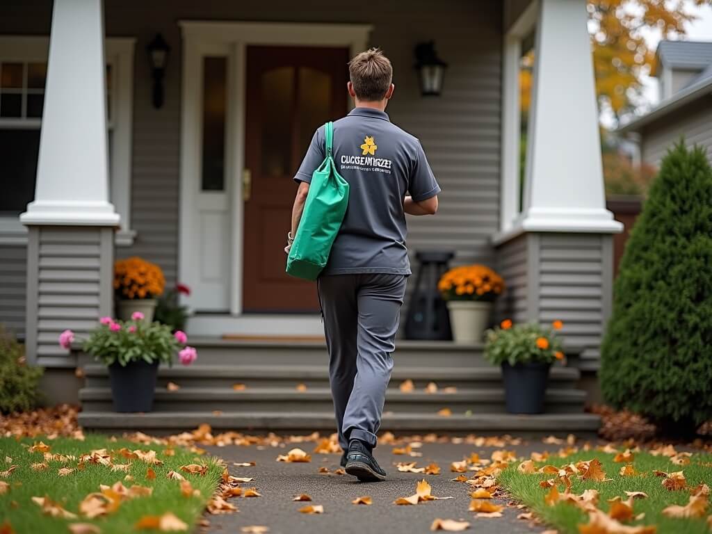 Professional cleaner in uniform departs from a residential porch in autumnal Puyallup, with golden leaves and grey sky in background, symbolizing reliable home service.