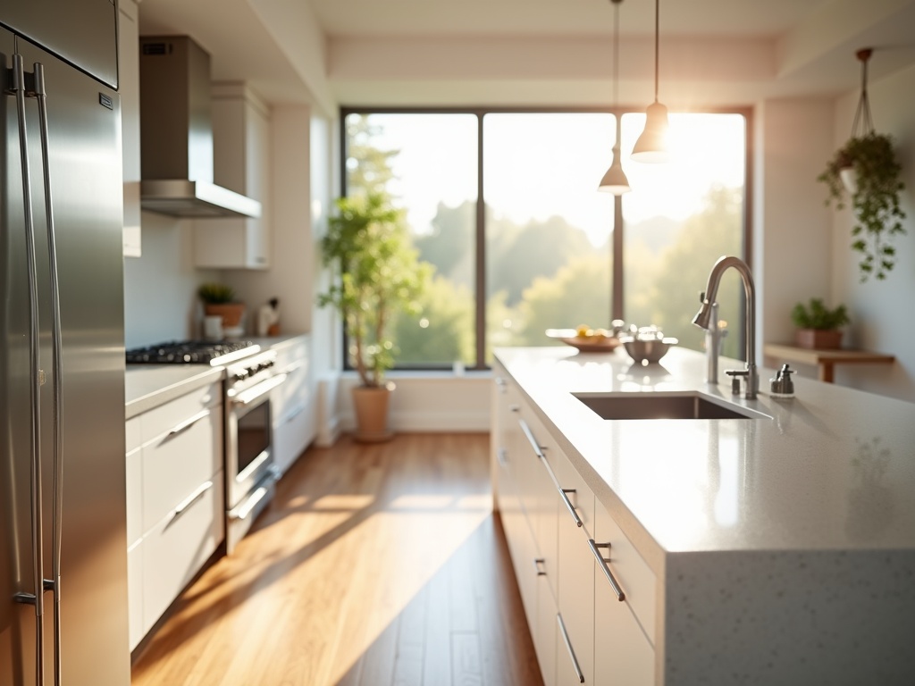 Modern kitchen interior with gleaming quartz countertops, stainless steel appliances, and polished hardwood floors, lit by warm morning sunlight.