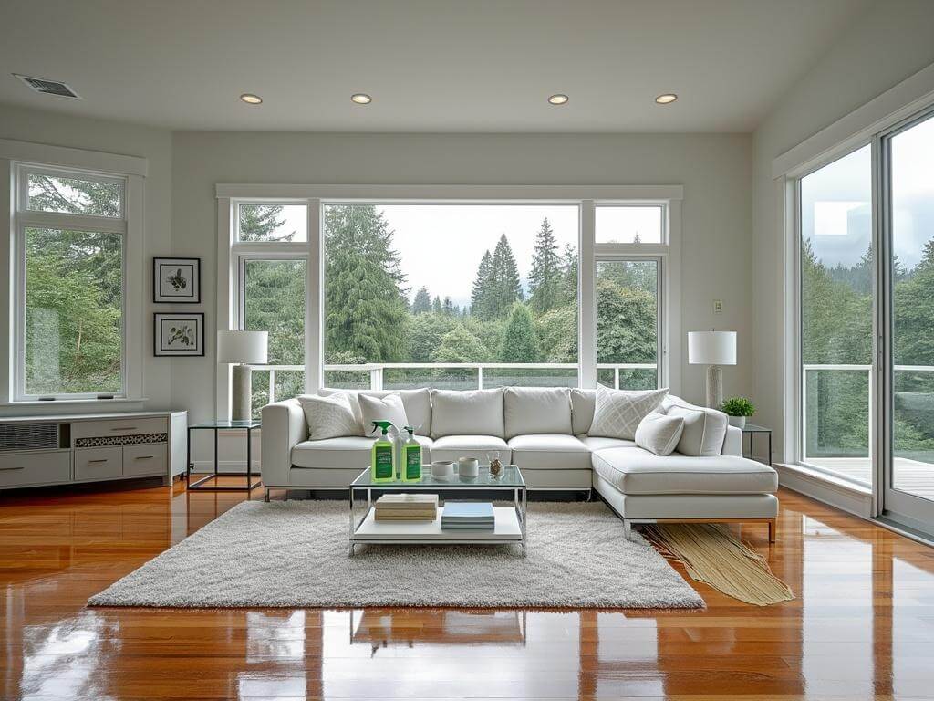 "Immaculate living room interior in Edgewood, WA, post professional cleaning. Features spotless furniture, gleaming hardwood floors, and visible vacuum lines."