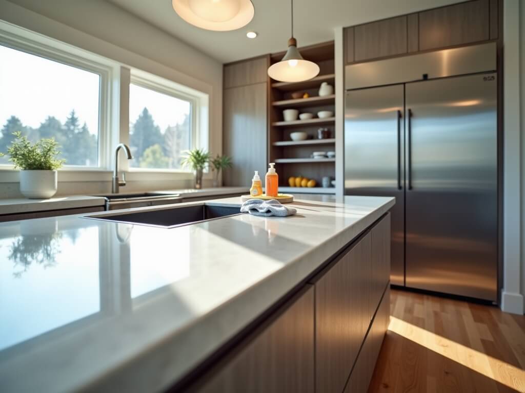 Upscale modern kitchen in North End Tacoma during cleaning, featuring quartz countertops, a black induction range, and stainless steel refrigerator under natural daylight.