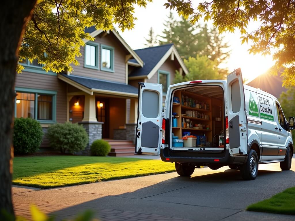 Calm Tacoma neighborhood with a clean, unbranded cleaning service van parked in front of a Craftsman-style home, open rear doors revealing cleaning supplies, during golden hour.