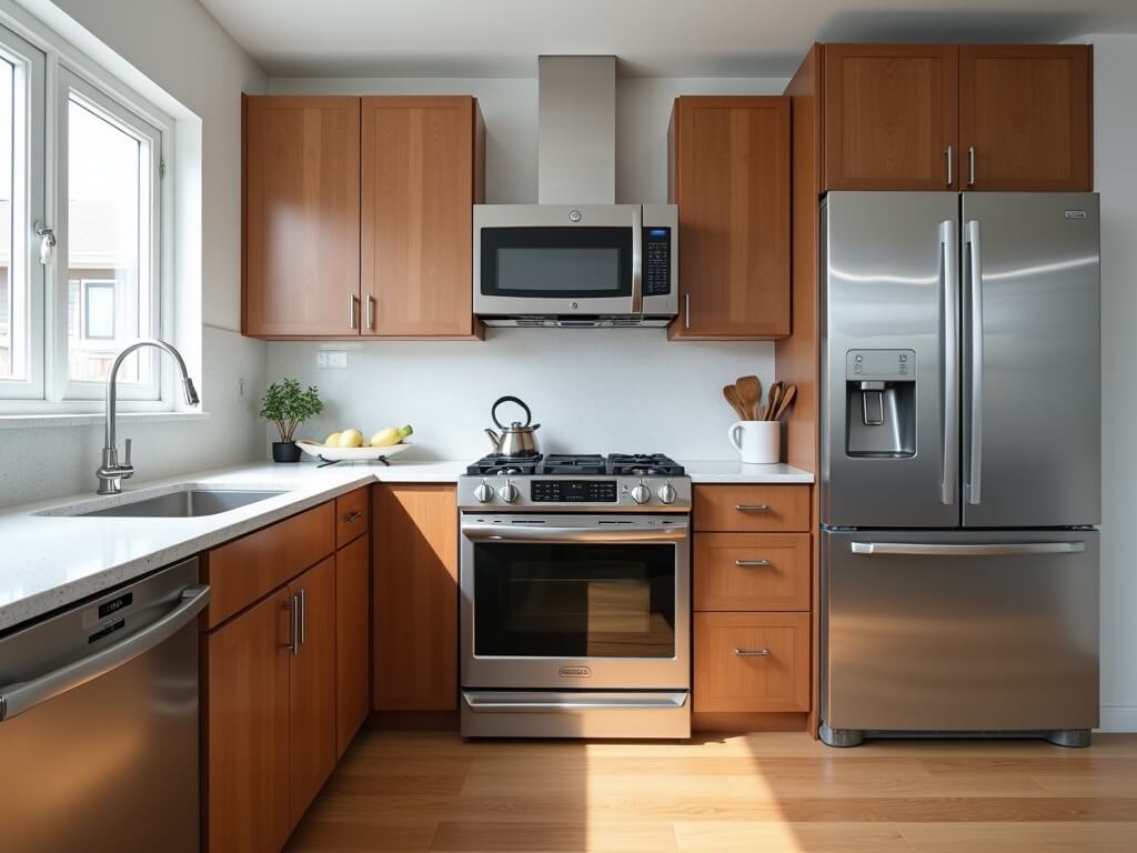 Spotless, move-in ready kitchen interior showcasing shining stainless steel appliances, cleanly quartz countertops, and dust-free wooden cabinets, captured with natural light from a window.