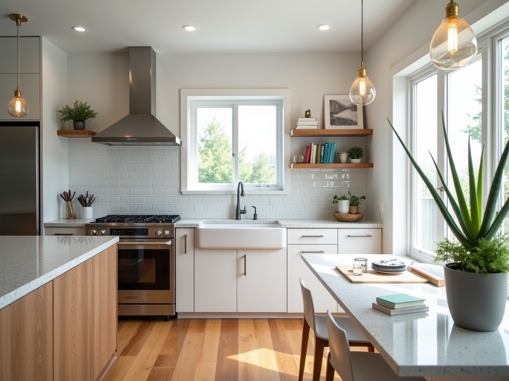 Modern kitchen interior with clear granite countertops, stainless steel appliances, white subway tile backsplash, hardwood floors, and kitchen island. Decorated with brass pendant lights, a potted aloe plant, and design books.