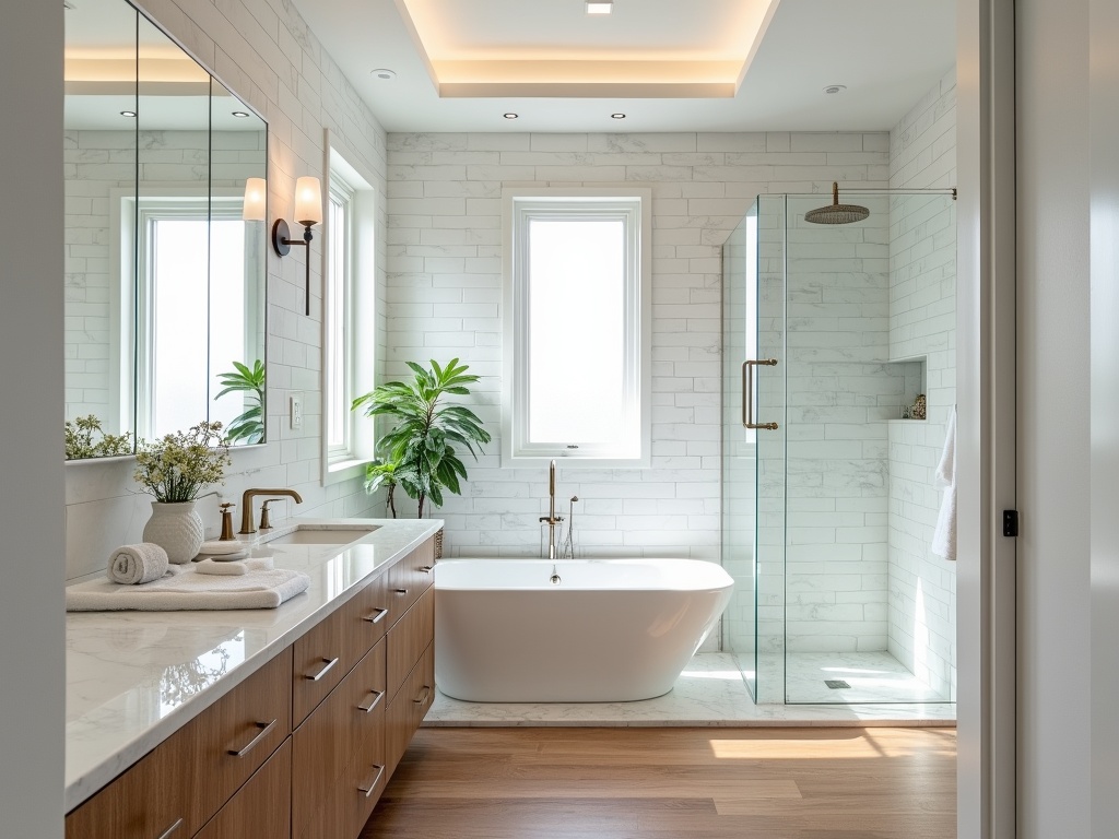 Luxurious, spacious master bathroom with white subway tiles, gleaming chrome fixtures, marble vanity top, and impeccably clean glass shower, shot under balanced lighting with Sony A7R IV.