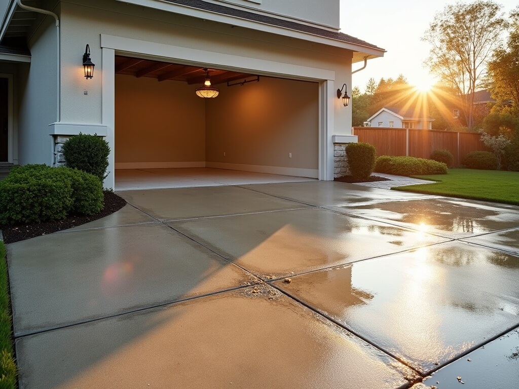 Photorealistic view of a clean, power-washed driveway leading to a two-car garage with open doors, captured at golden hour with meticulous detail and clarity.