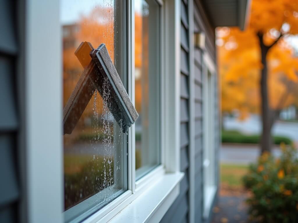 Close-up image of an exterior window mid-clean with a squeegee streak and water droplets, reflecting autumn foliage in Bonney Lake, with a blurred gray house façade in the background.
