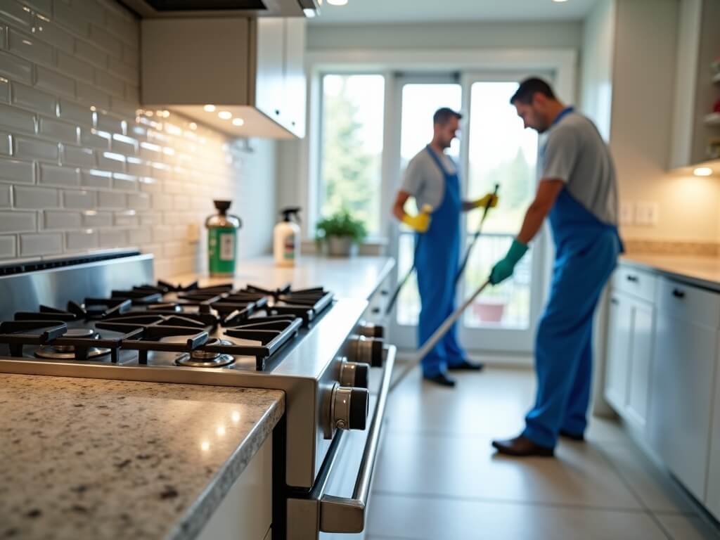 Deep cleaning team scrubbing under a stove in a pristine kitchen in Bonney Lake, with steam rising from grout cleaning and enzyme products visibly at hand.