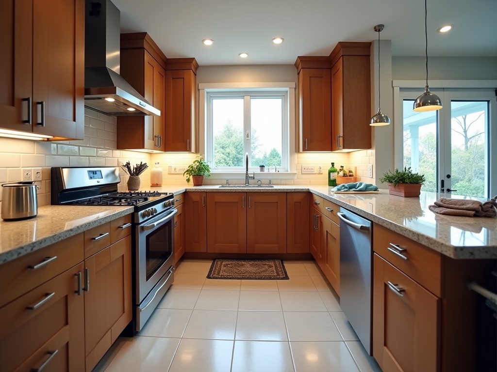 Modern kitchen during deep cleaning process with professional supplies and HEPA vacuum, appliances pulled out for thorough cleaning, and range hood filters on countertop.