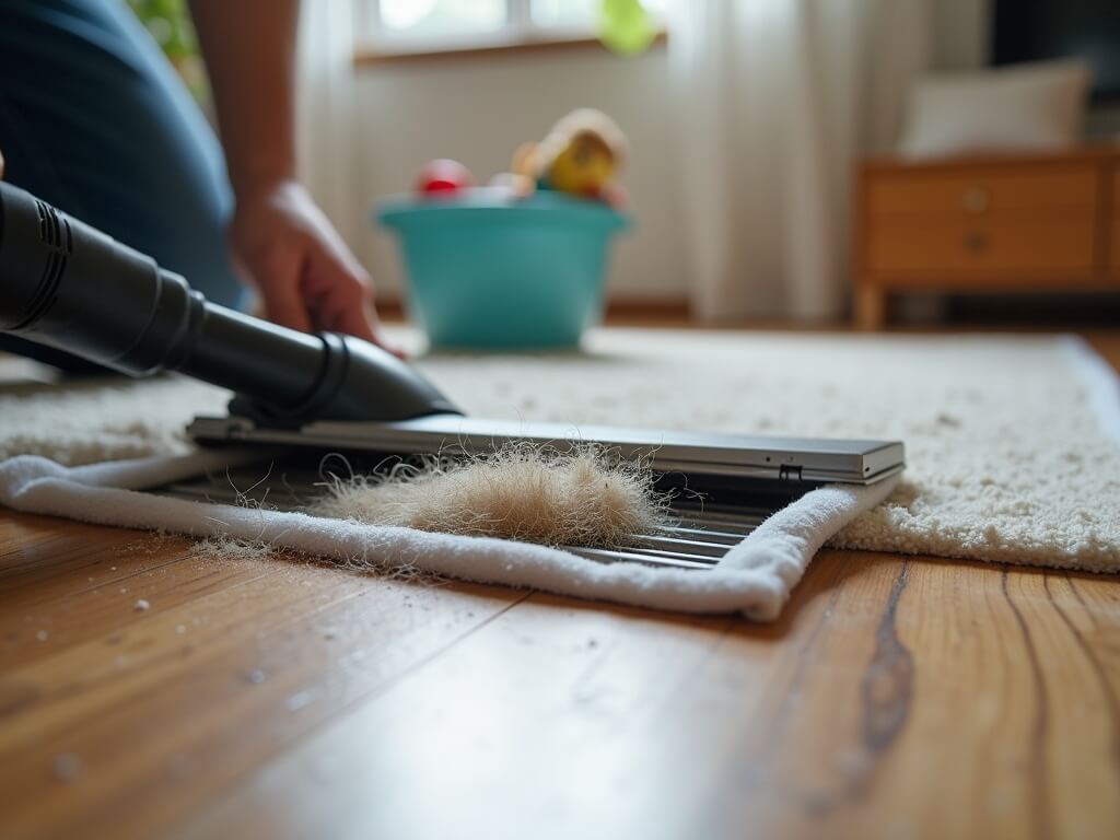 Close-up image of professional cleaning of an air vent cover, showing removal of pet hair and dust, with cleaning tools and a hint of a family living room in the background.
