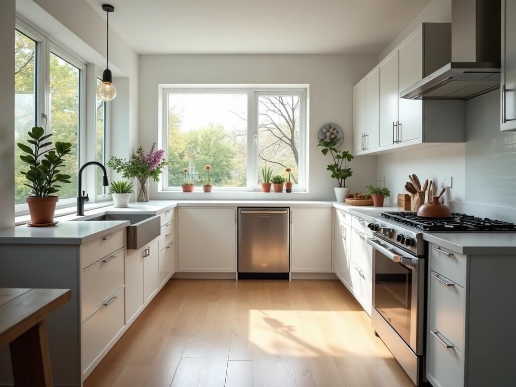 Spotless modern family kitchen with quartz countertops, stainless-steel appliances, cleaned stovetop with gentle steam, and a small indoor plant by the window, photographed in soft morning light.
