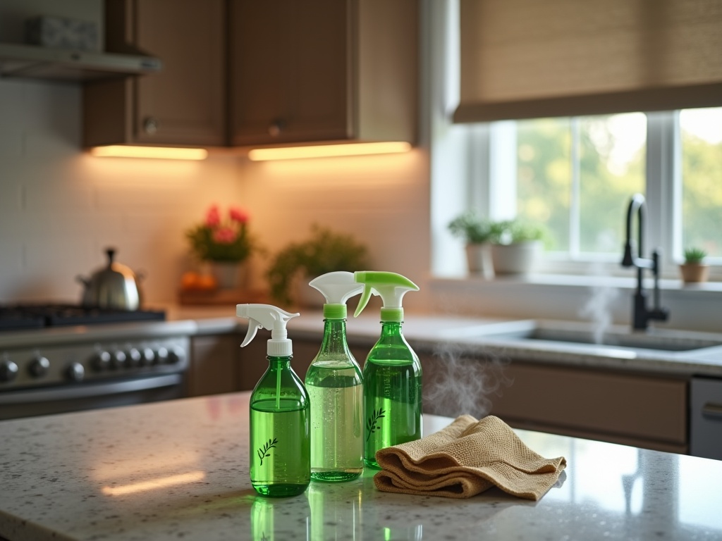 Photorealistic kitchen interior highlighting eco-friendly cleaning products, stainless steel appliances, and clean cabinet interiors, captured with a Nikon D850 camera in warm and cool lighting.
