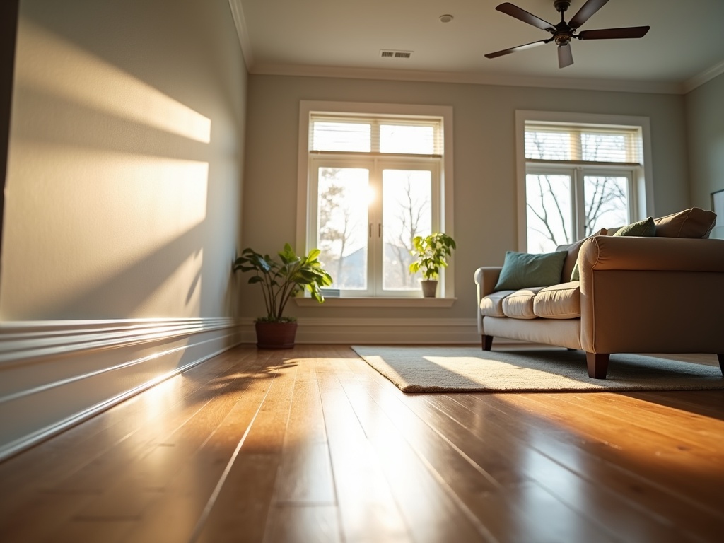 Spotless modern living room during spring deep cleaning, with sharp baseboards, cleaned ceiling fan, window blinds, and furniture revealing a thorough cleaning, in golden hour natural lighting.