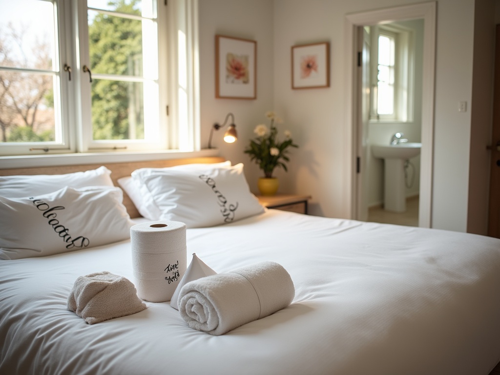 Immaculate Airbnb bedroom with crisp white linens, symmetrical pillow arrangement and spa-style folded towels. Neat bathroom glimpsed in the background, with a welcome note and snack basket on the nightstand.