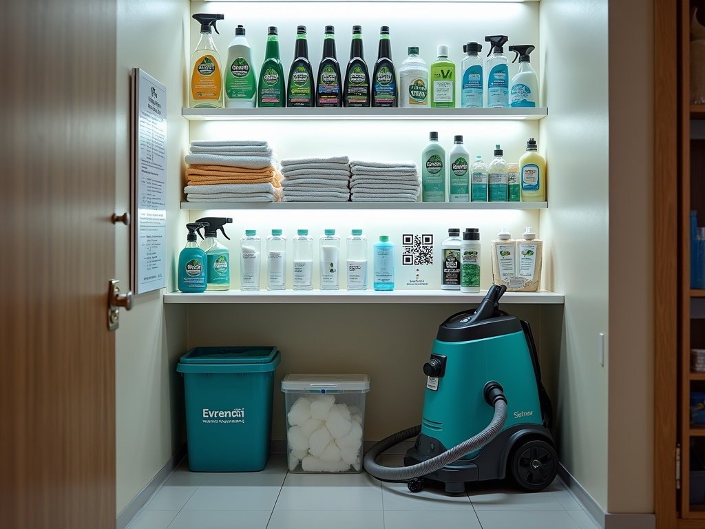Highly organized utility closet featuring rows of eco-friendly cleaning products, professional cleaning equipment, microfiber cloths, and a QR-coded checklist under bright LED panel lighting.