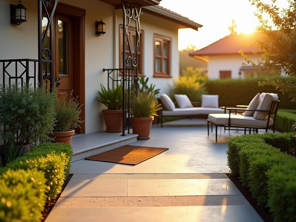 Scenic Airbnb entryway at golden hour, featuring a swept pathway, modern front door, welcoming mat, clean patio furniture, and well-maintained potted plants.