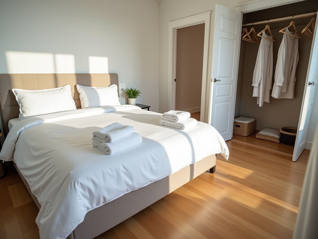 Immaculately cleaned Airbnb bedroom with a crisply made bed, hotel-style towels, spotless hardwood floor, and a clean, organized closet, captured in natural daylight.