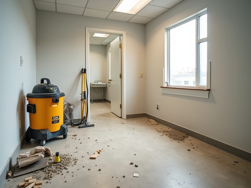 Post-construction cleanup in a renovated medical office in Auburn, WA with remnants of construction debris, RIDGID shop vacuum, scraper tools, and a trash bag filled with packaging materials.