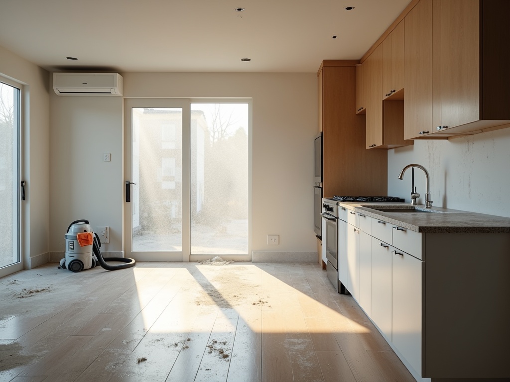 Post-construction residential interior showing a dusty kitchen and living area with cleaning supplies visible, beautifully captured with a mix of natural and artificial light.